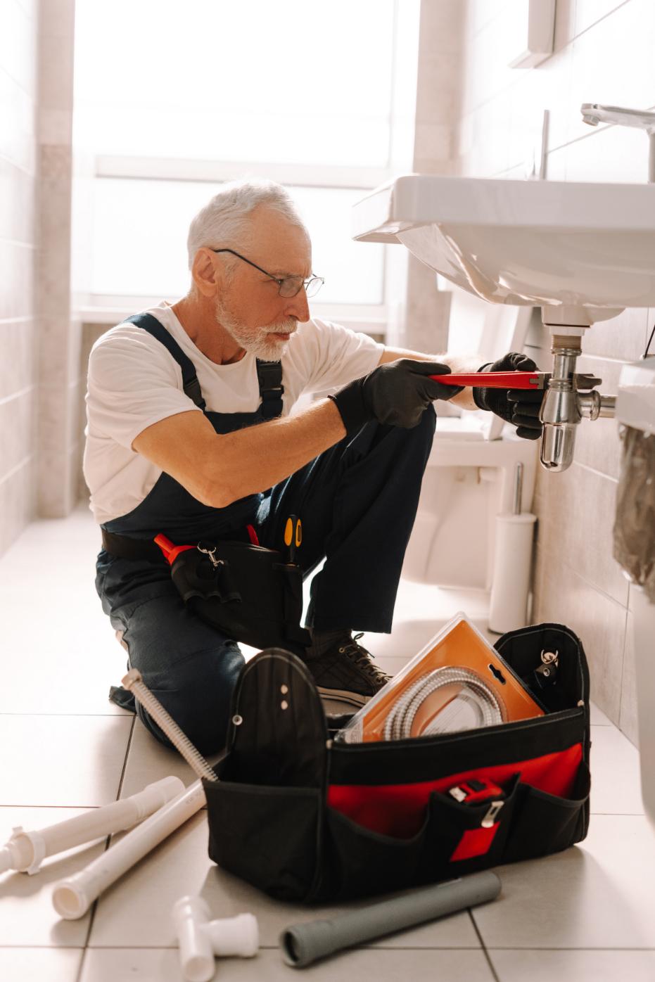 Senior plumber installing sink with professional tools